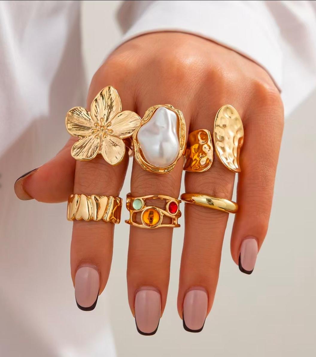 Elegant Gold Statement Ring Set -- 7 Pieces - Image 2